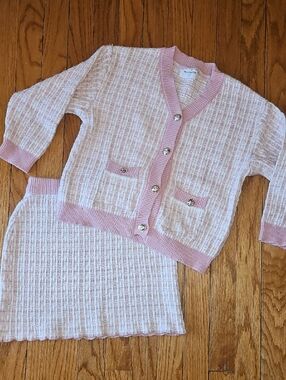 Girls Tweed Pink Knit Cardigan & Skirt Matching Set - Adorable!!!